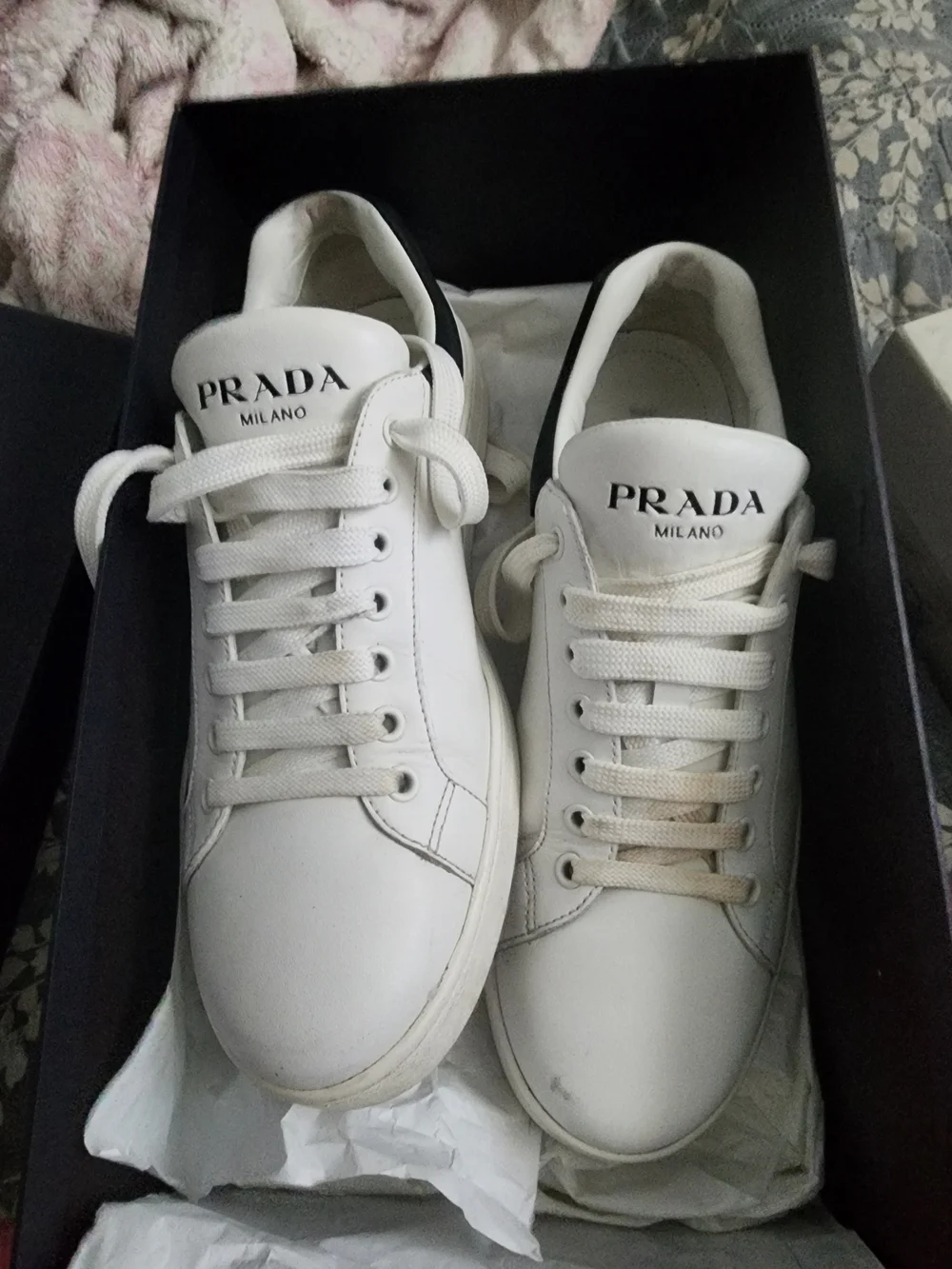 Prada White Leather Low-Top Sneakers with Black Heel Tab. Box Include.Size 39
